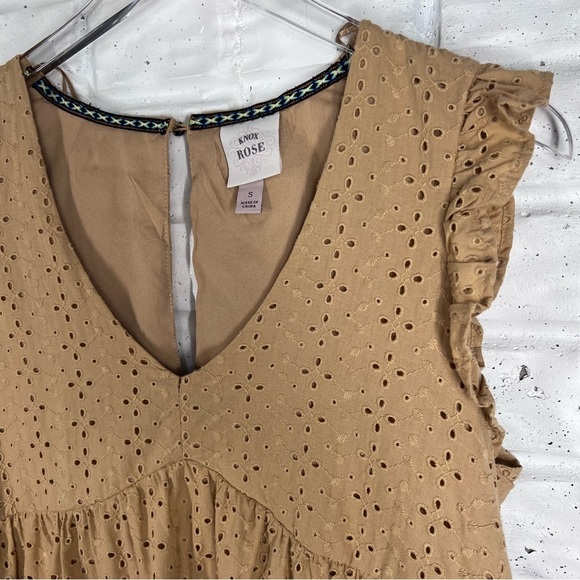 KNOX ROSE Boho Tan V-Neck Cotton Eyelet Dress Ruffle Cap Sleeve - Picture 2 of 9